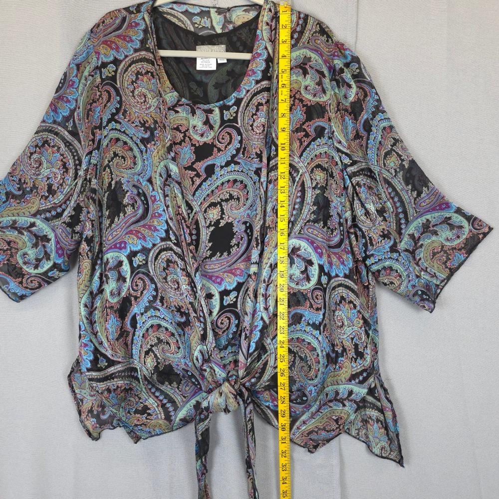 Ulla Popken Inspiration Silk Blouse 2pc Paisley Tie Front Women 20/22 Blue Black - Picture 3 of 9